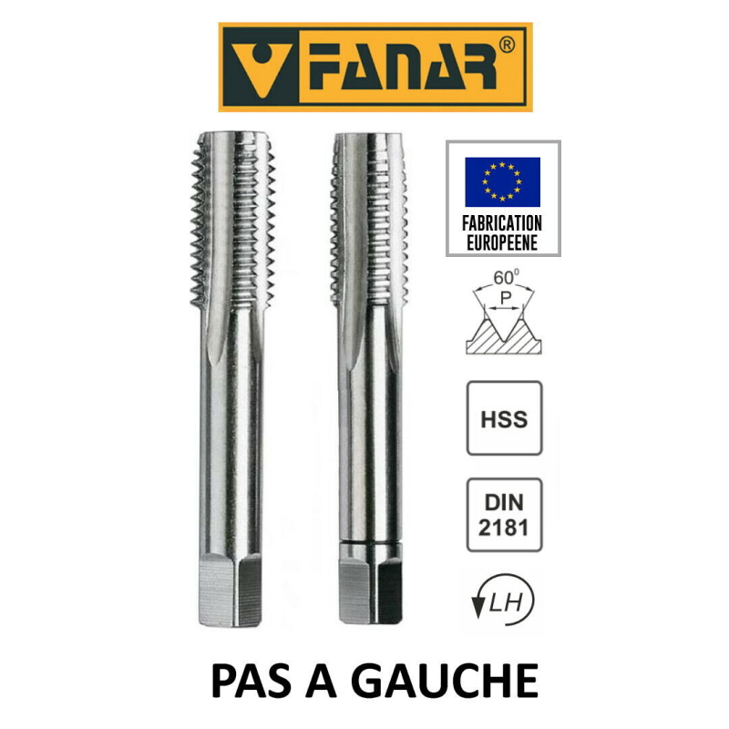 Jeu de 2 tarauds à main FANAR® PAS A GAUCHE HSS M12 x 1  DIN-2181/2 LH pas FIN