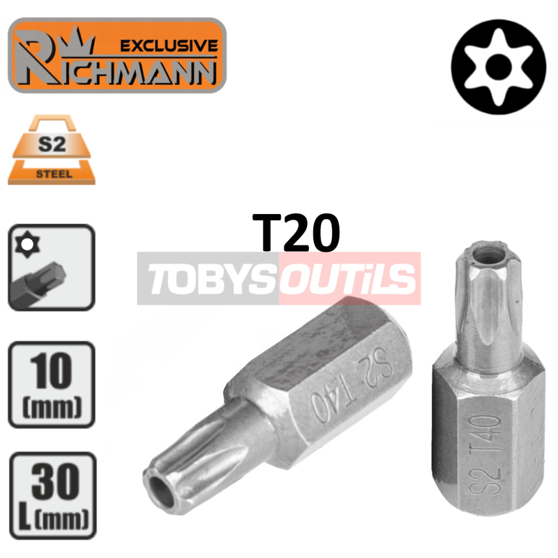 Embout T20 AVEC TROU T-20H TORX securité percé entrainement 10 mm 3/8" Acier S2