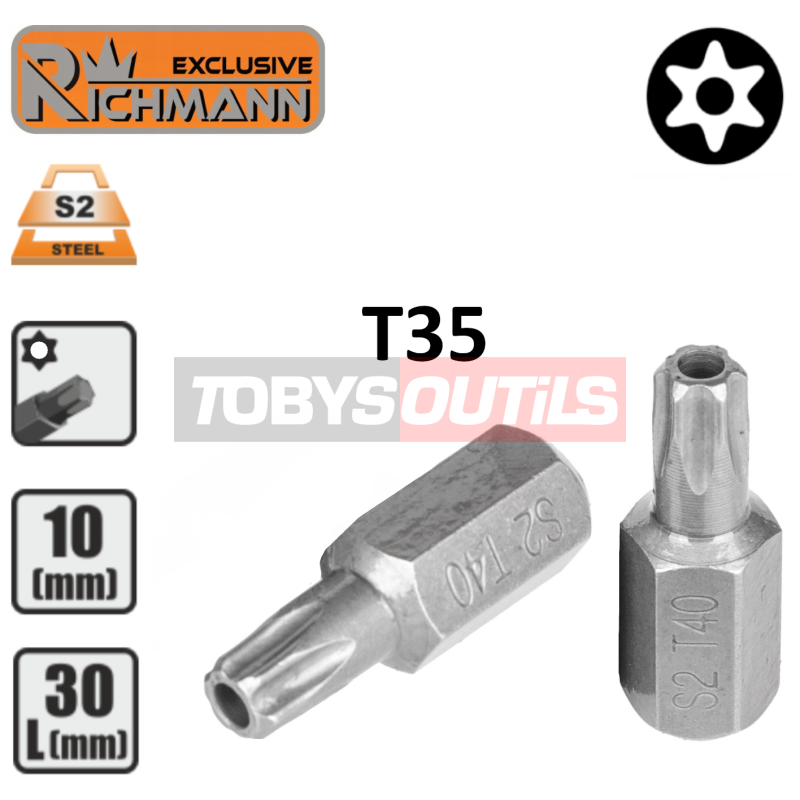 Embout T35 AVEC TROU T-35H TORX sécurité percé entrainement 10 mm 3/8" Acier S2