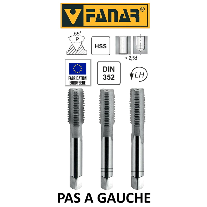 Jeu de 3 tarauds à main FANAR® PAS A GAUCHE HSS M12 x 1,75  DIN-352/3 LH 