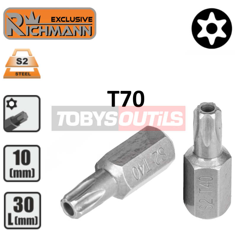 Embout T70 AVEC TROU T-70H TORX sécurité percé entrainement 10 mm 3/8" Acier S2