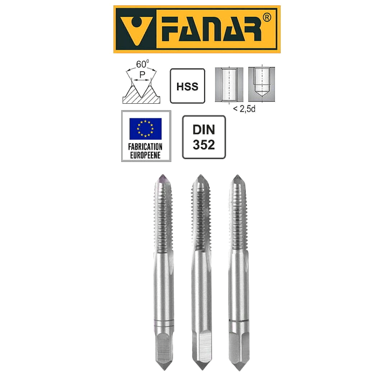 Jeu de 3 tarauds à main FANAR® HSS M2,5  DIN-352/3 pas à droite