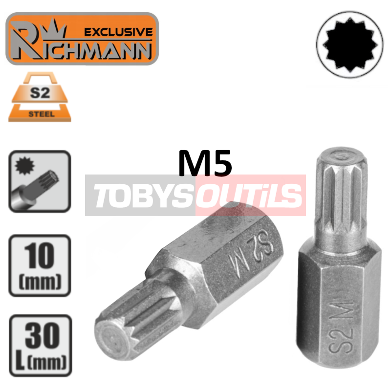 Embout M5 SPLINE XZN 12p entrainement 10 mm 3/8" Acier S2 HAUTE QUALITÉ RICHMANN