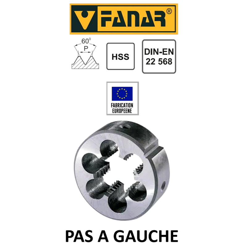 FANAR Filière à main HSS PAS A GAUCHE M12 x 1,75 - Pour cage Ø 35 mm DIN22568