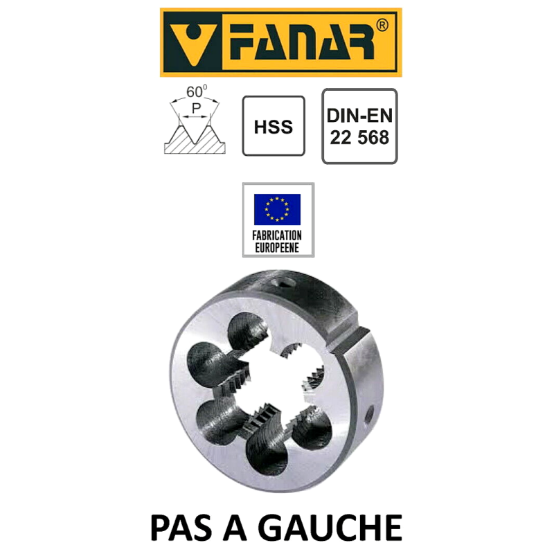 FANAR Filière à main HSS PAS A GAUCHE M10 x 1,5 - Pour cage Ø 30 mm DIN22568