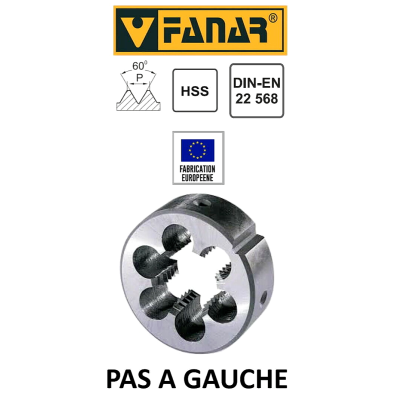 FANAR Filière à main HSS PAS A GAUCHE M5 x 0,8 - Pour cage Ø 20 mm DIN22568