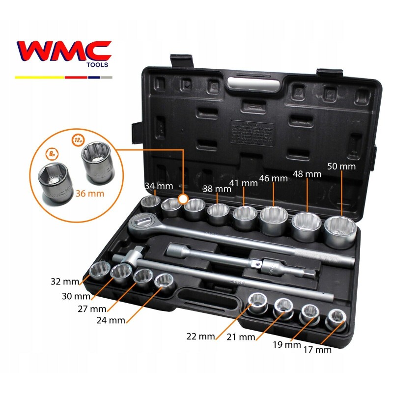 Coffret 3/4'' clé à cliquet douilles 12 pans 17 à 50 mm POIDS LOURD CAMION ENGIN