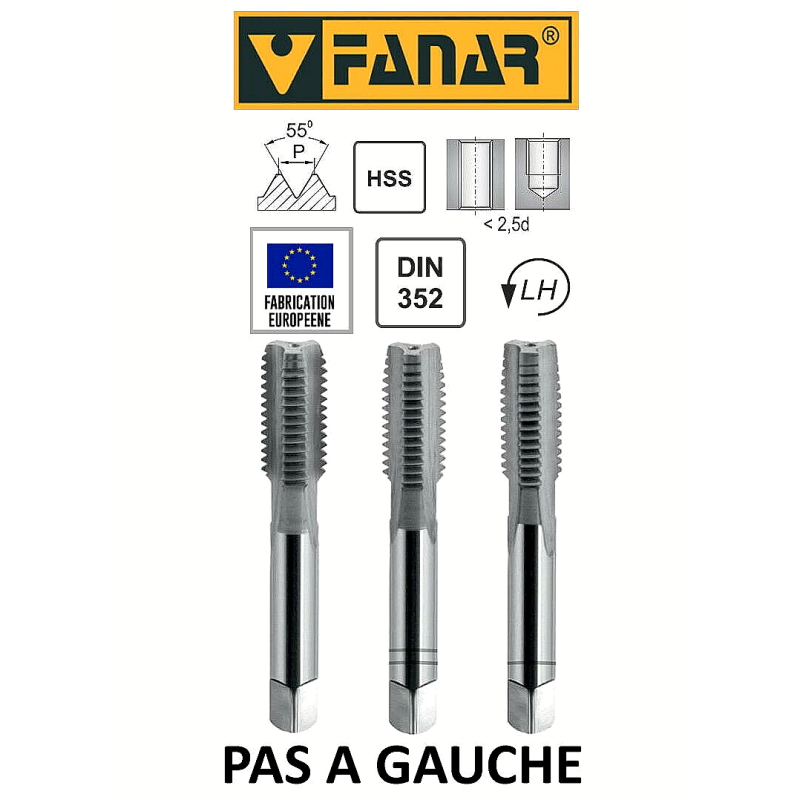 Jeu de 3 tarauds à main FANAR® PAS A GAUCHE HSS M8 x 1,25  DIN-352/3 LH 