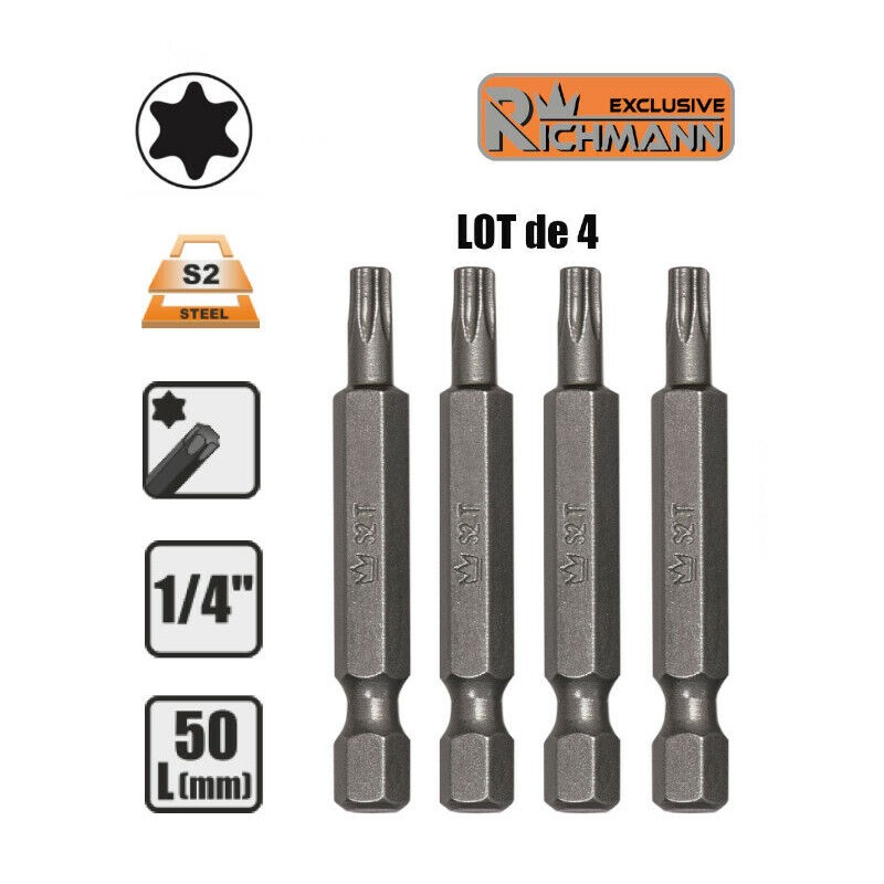 Lot 4 Embouts longs T15 TORX T-15 entrainement 1/4" AcierS2 L50mm RICHMANN C6593