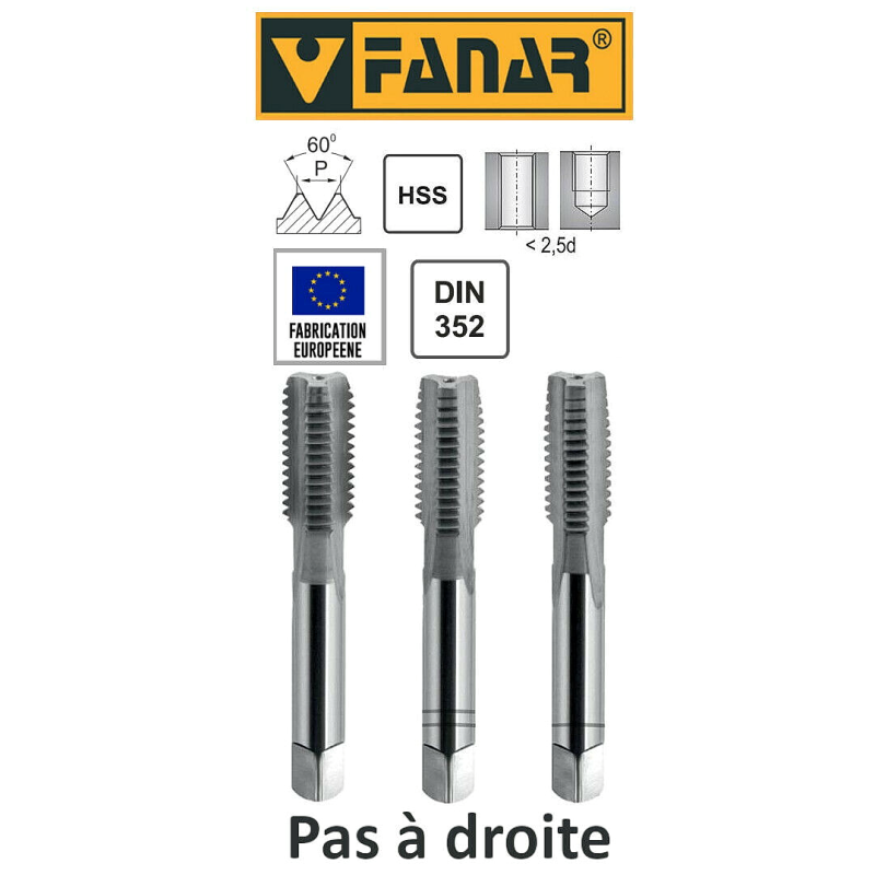 Jeu de 3 tarauds à main FANAR® HSS M8 x 1,25 DIN-352/3 PAS A DROITE 