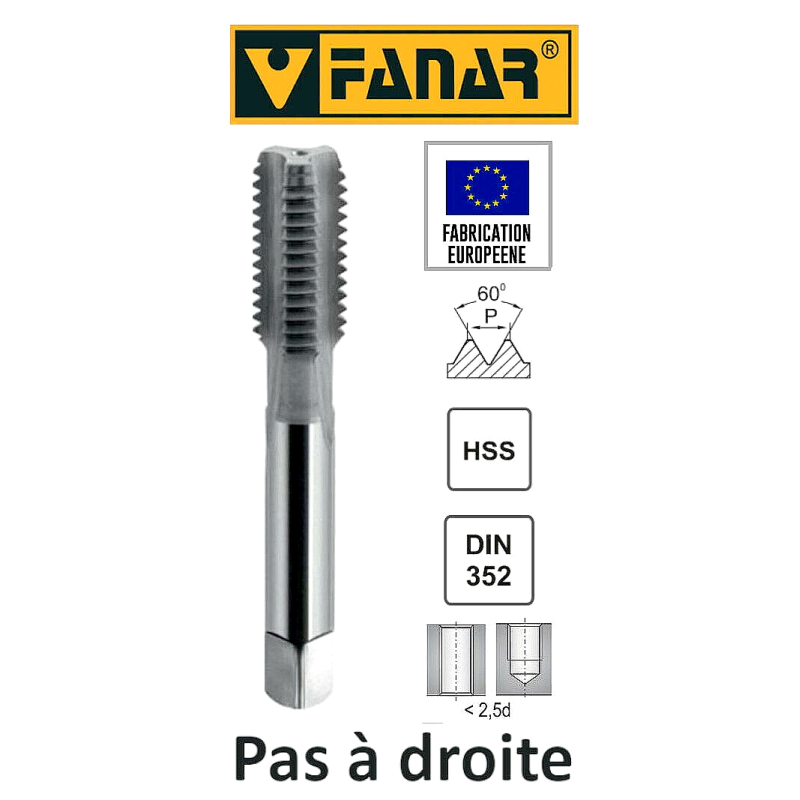 1 taraud à main FANAR® HSS M7 x 1 DIN-352/1 taraud finisseur PAS A DROITE