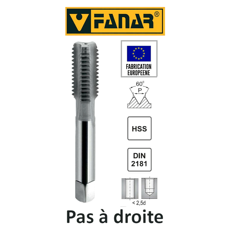 1 taraud à main FANAR® HSS M8 x 1 DIN-2181 taraud finisseur PAS A DROITE