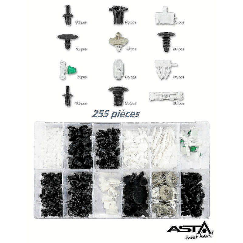 Assortiment de clips de fixation automobile pour Volkswagen 255 pcs ASTA A-TC014