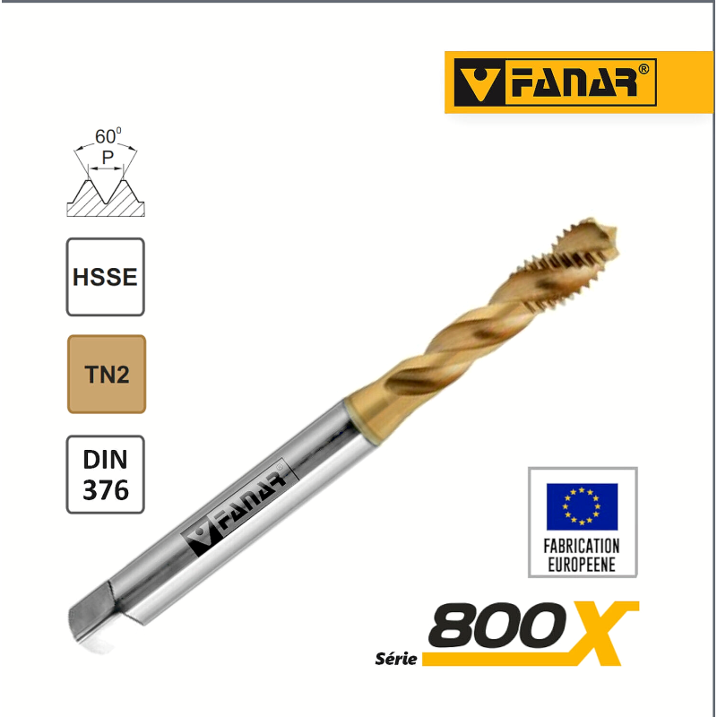 Taraud machine M12x1,75 hélicoïdal pour trous borgnes TITAN DIN-376 HSSE FANAR®