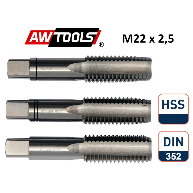 Jeu de 3 tarauds à main HSS M22 x 2,5  Qualité Professionnel DIN 352 AWTOOLS