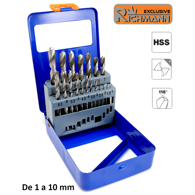 Coffret de 19 forets à métal HSS Diam. 1 à 10 mm par 0,5 mm Richmann C9405