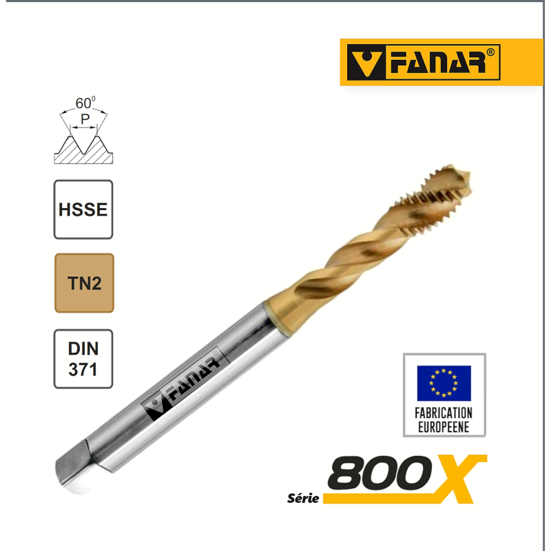 Taraud machine M8x1,25 hélicoïdal pour trous borgnes TITAN DIN-371 HSSE FANAR®