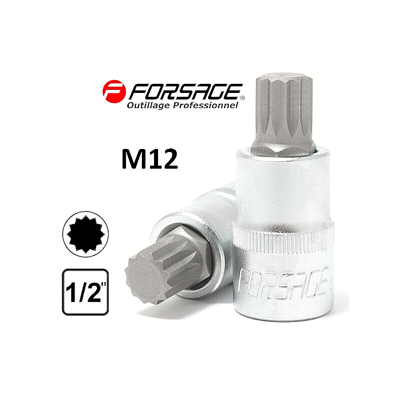 Embout M12 SPLINE XZN 12p sur douille carré 1/2" Acier HAUTE QUALITÉ FORSAGE 