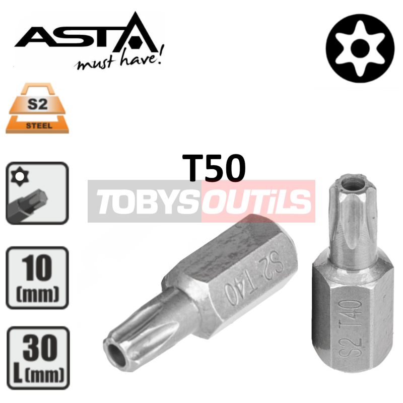 Embout T50 AVEC TROU T-50H TORX sécurité percé entrainement 10 mm 3/8" Acier S2