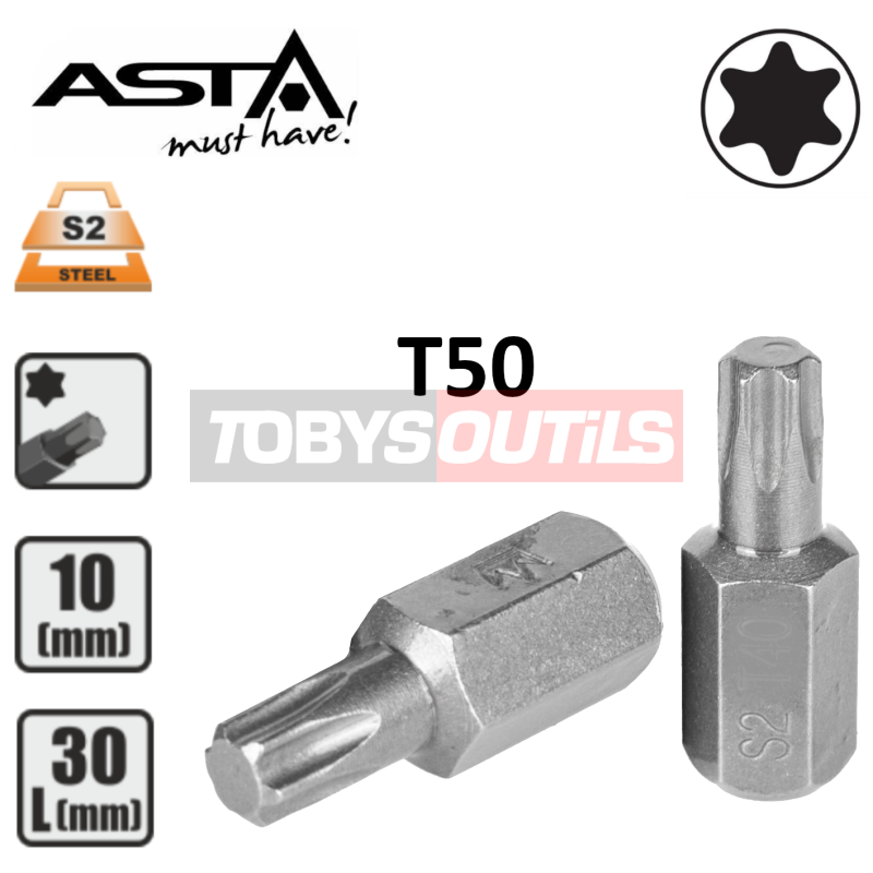 Embout T50 TORX T-50 entrainement 10 mm 3/8" Acier S2 HAUTE QUALITÉ ASTA