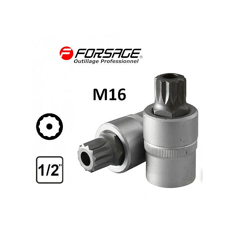 Embout sécurité M16 SPLINE XZN 12p sur douille carré 1/2" Acier S2 FORSAGE 