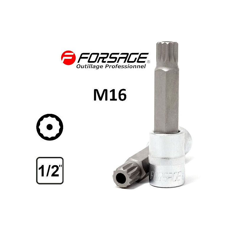 Embout long sécurité M16 SPLINE XZN 12p douille carré 1/2" Acier S2 FORSAGE 