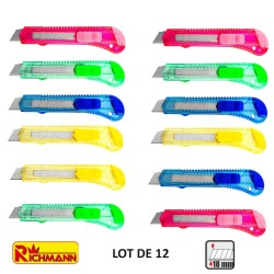 LOT de 12 cutters lame 18 mm de différentes couleurs à lame sécable RICHMANN 