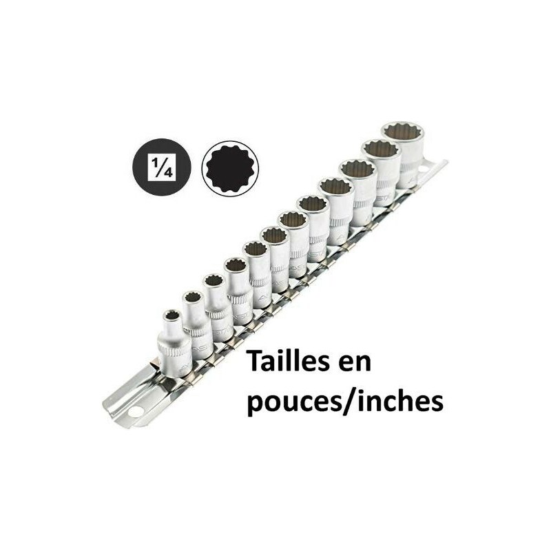 Jeu de 12 douilles 1/4" 12 pans Pouces/Inches de 5/32" à 9/16" Harley Davidson